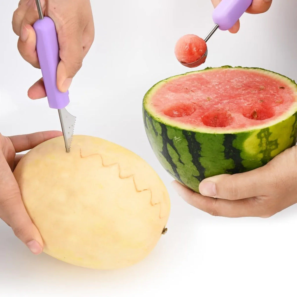 “3-in-1 Fruit Digger Fruit Carving Knife Set Cutter Fruit Platter Separator Kitchen Gadgets Watermelon Ice Cream Baller Scoop.”
