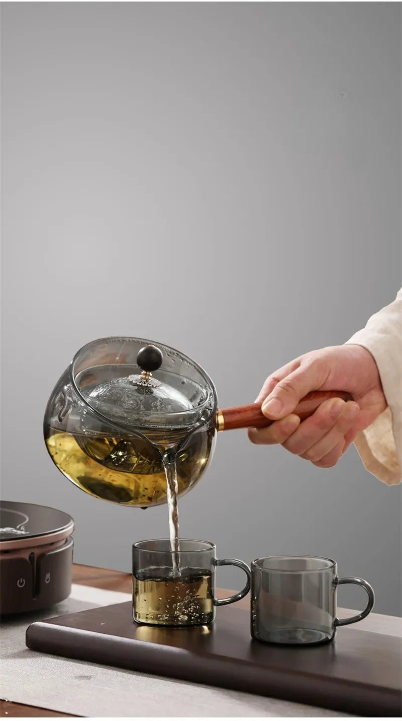Semi-Automatic Glass Teapot – Heat-Resistant with Infuser & Wooden Handle