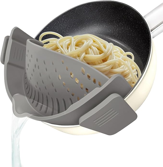 YEVIOR Clip-On Silicone Strainer – Collapsible Pasta & Food Colander for All Pots (Grey)