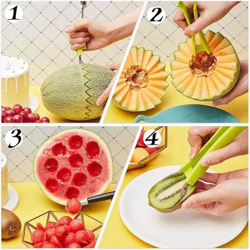 “3-in-1 Fruit Digger Fruit Carving Knife Set Cutter Fruit Platter Separator Kitchen Gadgets Watermelon Ice Cream Baller Scoop.”