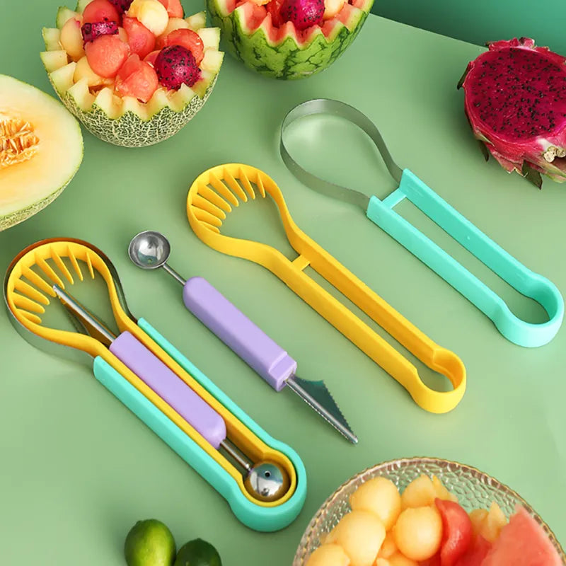 “3-in-1 Fruit Digger Fruit Carving Knife Set Cutter Fruit Platter Separator Kitchen Gadgets Watermelon Ice Cream Baller Scoop.”